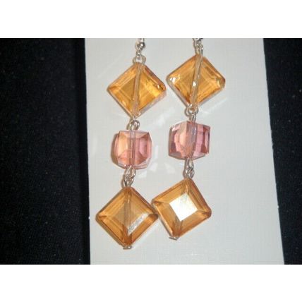 Totally unique pink cube & square champagne crystal glass long swing earrings