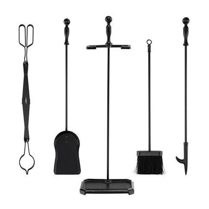 5-Piece Fireplace Tool Set with Tong Brush Shovel Poker Stand-Black