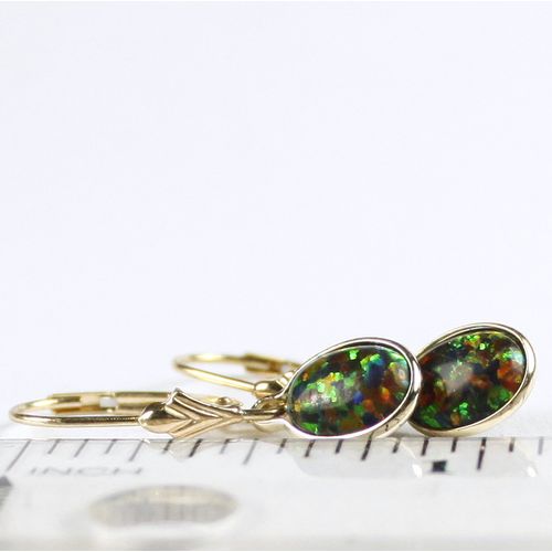 Created Black Opal, 14K Gold Leverback Earrings, E001