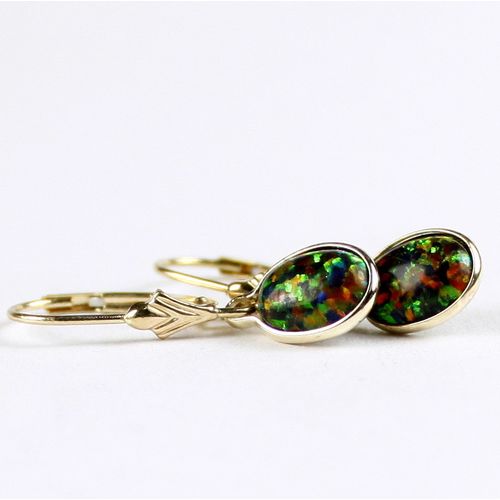 Created Black Opal, 14K Gold Leverback Earrings, E001