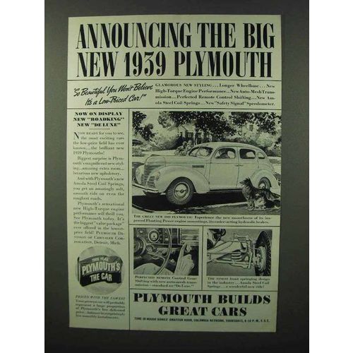 1939 Plymouth Car Ad - Annoncing the Big New Plymouth