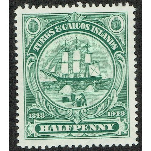 Turks & Caicos 1948 Centenary Separation From Bahamas ½d Blue Green SG210 MM