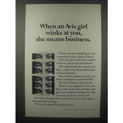 1967 Avis Rent a Car Ad - When an Avis girl winks at you, she means business