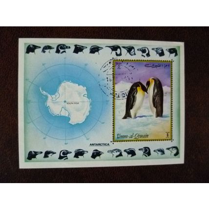 Umm al-Qiwain 1972 Antarctica Emperor Penguins miniature sheet used stamp birds