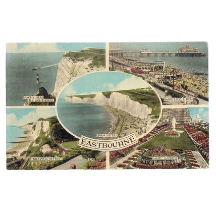 EASTBOURNE, SUSSEX multiview used vintage postcard. 1966 postmark. Shoesmith (A)