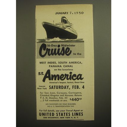 1950 United States Lines Ad - 16-Day Midwinter Cruise to the West Indies