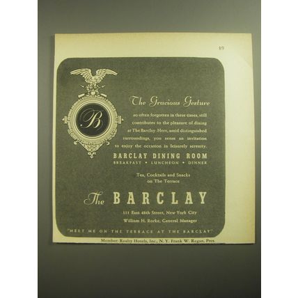 1946 The Barclay Hotel Dining Room Ad - The gracious gesture
