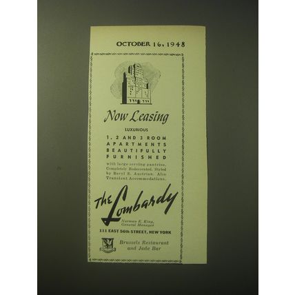 1948 The Lombardy Ad - Now Leasing luxurious 1, 2 and 3 room apartments