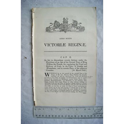 1843 Act of Parliament: vend & dleivery of coals London & Westminster