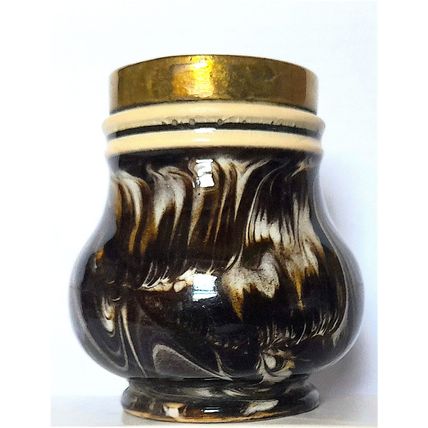GLAZED CERAMIC POT with BRASS COLLAR and SWIRLS - 7 x 6 cm diameter 150 grams