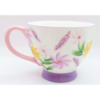 Floral Large Ceramic Cup with Pink Handle Fine China 9.5 CM Gift Tableware