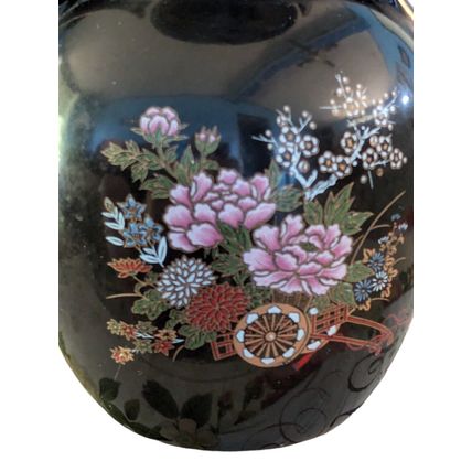 Vintage 8.25" Black Gloss Wagon Flowers Taiwan Asian Design Ceramic Vase Handles
