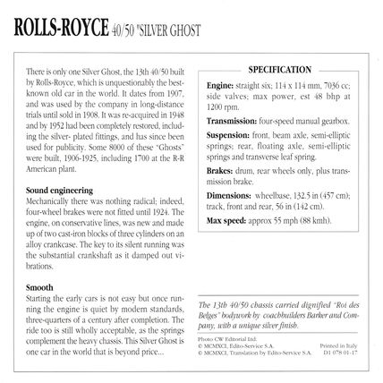 Collectors Club card. Classic Cars. Rolls Royce 40/50 “Silver Ghost”