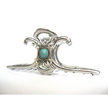 Extra large hair claw clip silver turquoise blue stone sun metal western