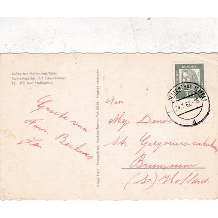 Hellenthal Campingplatz Eifel Germany Postcard posted 1962 creased