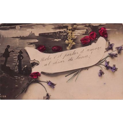 French Romantic Lovers Boating Silhouette Real Photo Old Postcard