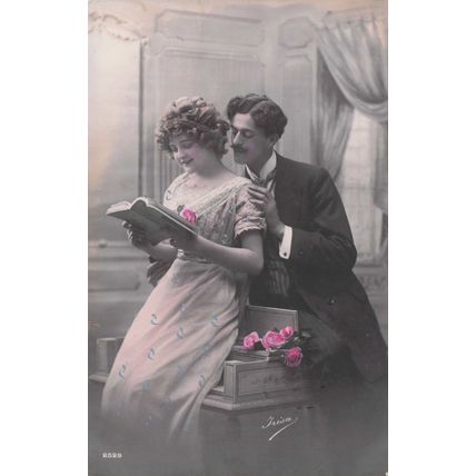 Lovers At Piano Reading Book Secret Code Old French Romantic Glamour Postcard