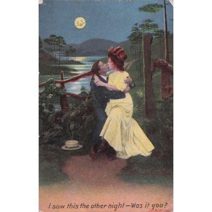 Spooning I Saw This The Other Night Moon Shaped Man Love Old Postcard