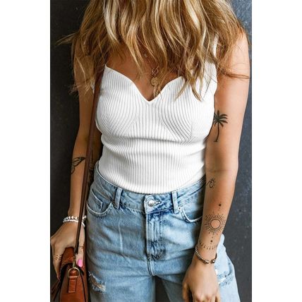 White Rib Knit Notched V Neck Slim Fit Tank Top