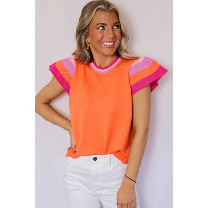 Carrot Contrast Flutter Sleeves Knitted Sweater T Shirt