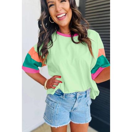Green Color Block Stitching Sleeve Round Neck Oversize Top
