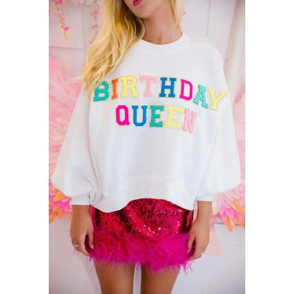 White BIRTHDAY QUEEN Graphic Balloon Sleeve Sweatshirt