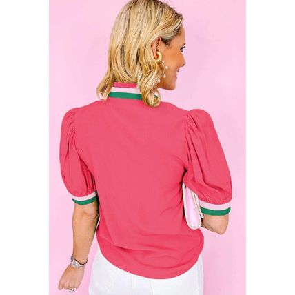 Carrot Colorful Trim V Neck Short Sleeve Blouse