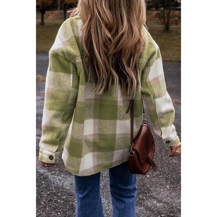 Sage Green Plaid Print Buttoned Flap Pockets Baggy Shacket
