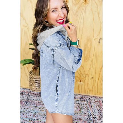 Mist Blue Oversized Contrast Hooded Denim Jacket