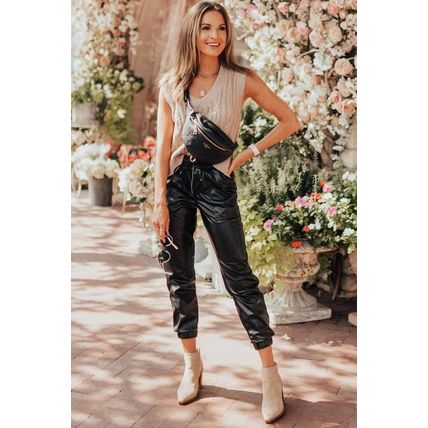 Black Faux Leather Ankle Smocked Waist Drawstring Joggers