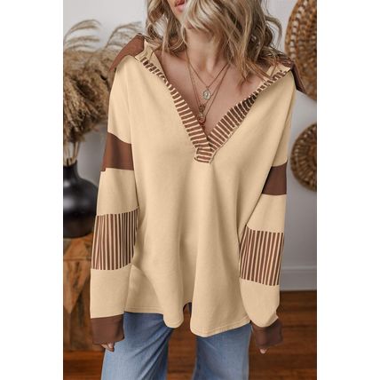 Light French Beige Striped Colorblock Patchwork Collar Sweatshirt