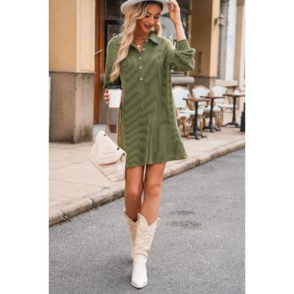 Moss Green Corded Buttons Placket Drop Shoulder Collared Shift Dress