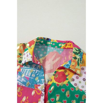 Rose Red Colorblock Abstract Print Button up Loose Shirt