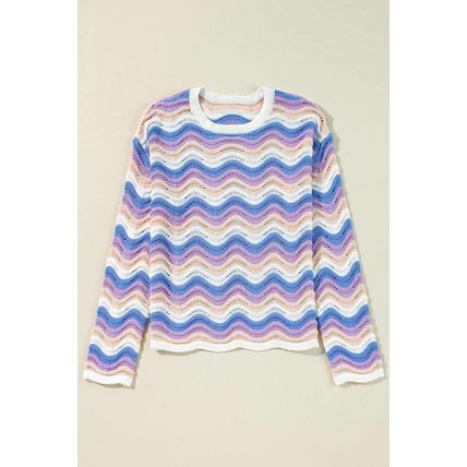 Purple Stripe Wavy Pointelle Knit Drop Shoulder Sweater