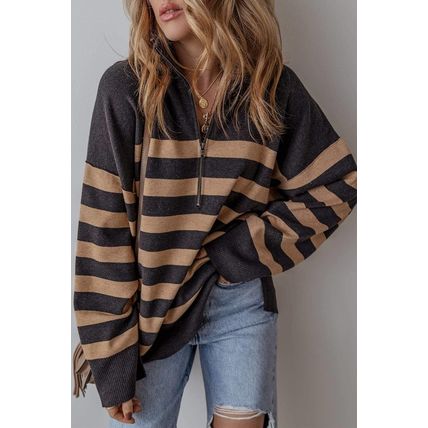 Black Stripe Collared Quarter Zipper Oversized Sweater