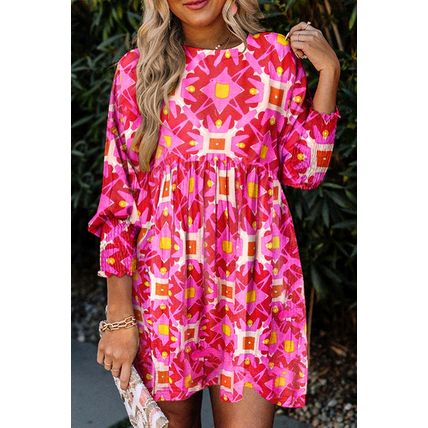 Strawberry Pink Geometric Print Smocked Long Sleeve Mini Dress