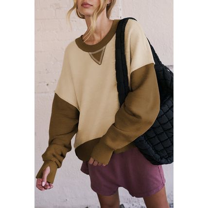 Apricot Color Block Thumbhole Sleeve Drop Shoulder Sweatshirt