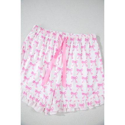 Pink Bowknot Printed Short Sleeve and Ruffled Shorts Valentines Pajama Set