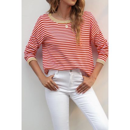 Fiery Red Contrast Trimmed Striped Drop Shoulder Sweater
