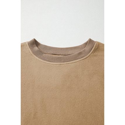 Dark Khaki Fuzzy Sherpa Splicing Pullover Sweatshirt with Side Slit