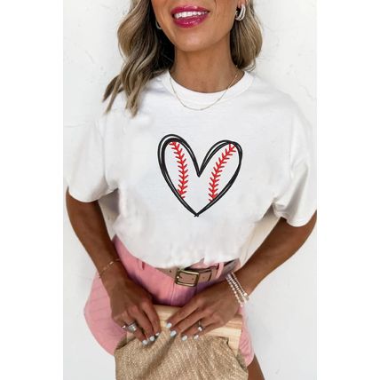White Baseball Heart Shape Embroidery Graphic Tee