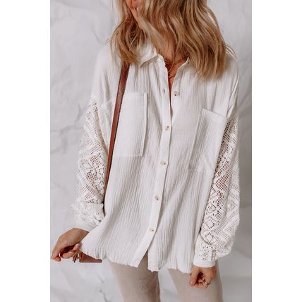 White Cotton Gauze Lace Patchwork Long Sleeve Shirt