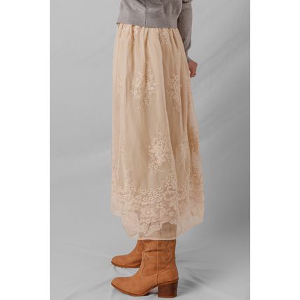 Oatmeal Embroidered Mesh Overlay Flowy Long Skirt