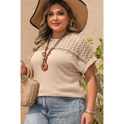 Oatmeal Lace Patchwork Waffle Short Sleeve Plus Size Top