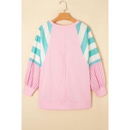 Bonbon Striped Colorblock Patchwork Raglan Pullover Top with Slits