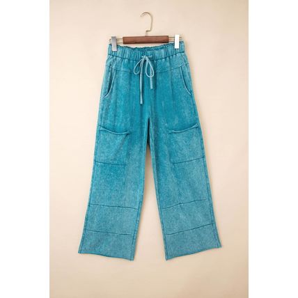 Lapis Mineral Wash Lace-up High Waist Raw Hem Patched Pocket Pants