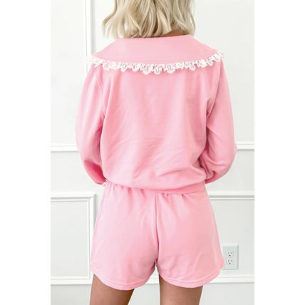 Pink Peter Pan Lace Embellished Neck Collision Sweatshirt and Skirt Two Piece Se