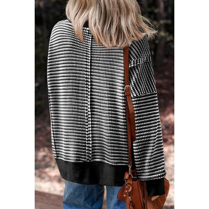 Black Stripe Ribbed Trim Drop Shoulder Long Sleeve Oversize Top