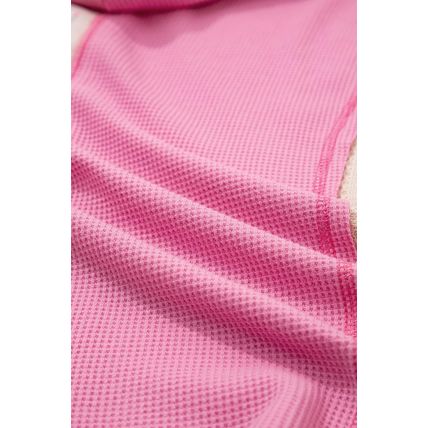 Pink Mixed Texture Waffle Floral Patchwork Hooded Oversize Pullover