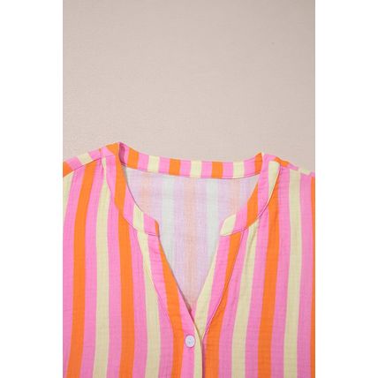 Pink Stripe Crinkled Half Buttons V Neck Plus Size Blouse